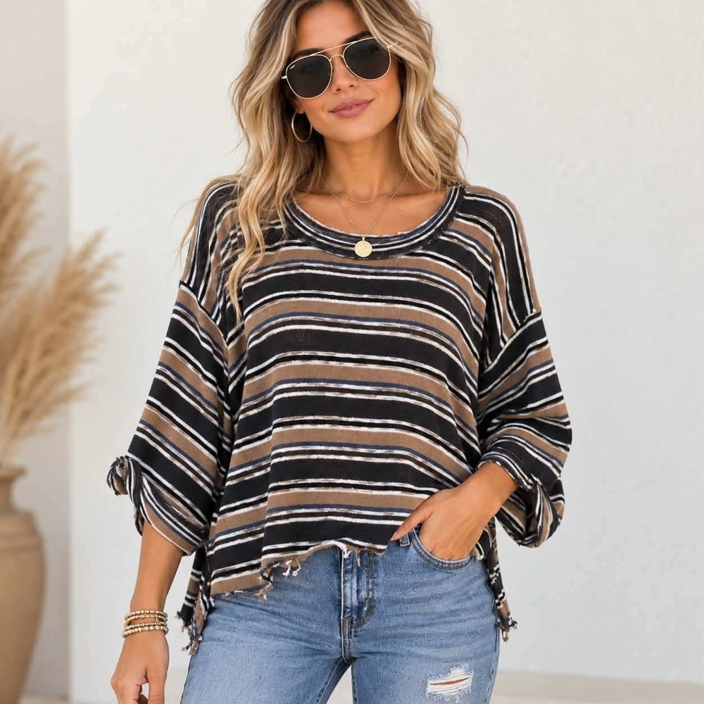 By Together Knit Top Womens M/L Multi Color Striped RJ755 Raw Hem Oversized